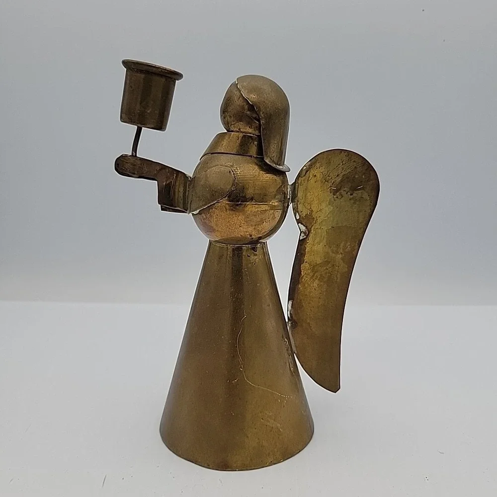 Vintage Hand Made Mexican Brass Copper Folk Art Angel Candle Holder
